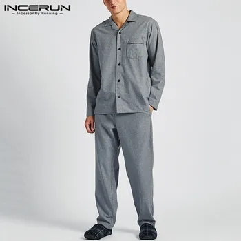 INCERUN Moda Barbati Culoare Solidă Seturi de Pijamale Rever Maneca Lunga Homewear Cămașă și Pantaloni Body Casual Pijamale Barbati Seturi 2021