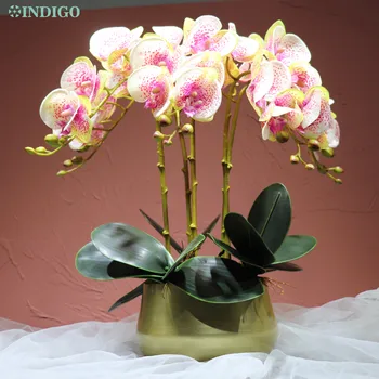 INDIGO - Galben Molie Orhidee Flori DIY Suport (5pcs Orhidee+3Pcs Frunze de+ Oală) Phalaenopsis Decor Masă Eveniment Central