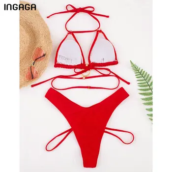 INGAGA Push-Up pentru Femei Costume de baie Curea Halter Bikini Ridicat Piciorul de Costume de baie Sexy Rosu Biquini Costume de Baie Gol Afară de Uzură Plajă