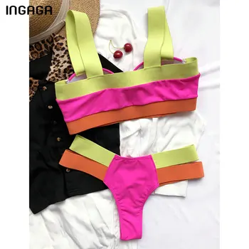 INGAGA Talie Mare Bikini Sexy pentru Femei, Costume de baie Push Up Biquini Costume de baie de Înaltă Tăiat Costume de Baie Solid Mozaic Beachwear 2021
