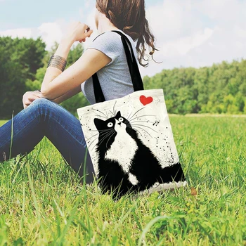 Ins Pisica Alb-Negru Imprimate Geanta Tote Pentru Femei Tesatura Lenjerie Geanta Casual Pliabil De Cumparaturi Geanta De Plajă În Aer Liber Sac Geantă De Mână De Zi Cu Zi