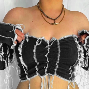 InstaHot Femei De pe Umăr Mozaic Tricou Maneca Lunga Topuri de Cultură Sexy Streetwear Ciucure Negru Femei Tee Topuri 2020 tricou