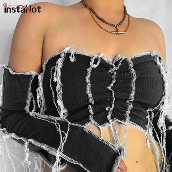 InstaHot Femei De pe Umăr Mozaic Tricou Maneca Lunga Topuri de Cultură Sexy Streetwear Ciucure Negru Femei Tee Topuri 2020 tricou