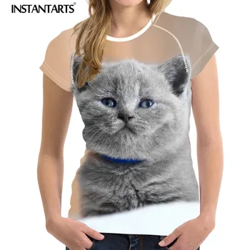 INSTANTARTS Vara Slim T-shirt Femei O-gât Haine de Animale Drăguț Pisica British Shorthair de Imprimare Plus Dimensiunea Femei Maneca Scurta Tricou