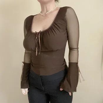 Instunning Flare Sleeve Manșon Complet pentru Femei T-shirt Plasă de Mozaic Transparent High street Vintage tricou Casual Ruched Topuri