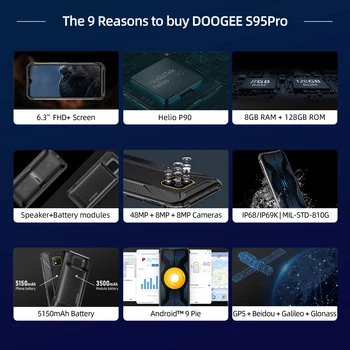 IP68 DOOGEE S95 Pro Helio P90 Octa Core 8GB, 128GB 48MP Cam Android 9.0 Modular Robust Telefon Mobil 6.3 inch FHD 5150mAh