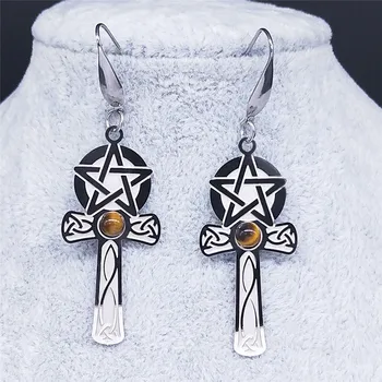 Irlandez Nod Pentagrama, Crucea de Piatra Naturala din Oțel Inoxidabil Picătură Cercei Femei Argint Culoare Legăna Cercei Bijuterii bijoux EXS03