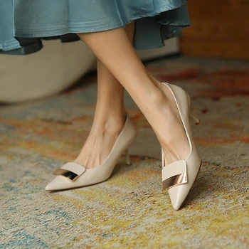 ISNOM Femei din Piele Pompe Stilet Tocuri Ascuțite Toe Superficial de Metal Decor Brevet Rochie de Mireasa Elegant Doamnelor Pantofi 2021