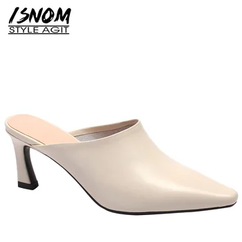 ISNOM Piele de Vaca Femeie Papuci de Deget de la picior Pătrat Încălțăminte, Tocuri Groase Slide-uri de sex Feminin Pantofi Catâri Incaltaminte Femei Vara 2019 Noi