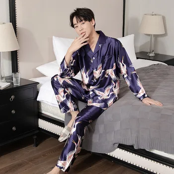 Iubitorii de vară Raionul de Haine de Acasă Pereche de Pijamale de Mătase Pyjama Set Pentru Femei, Bărbați Chinez macara Print cu maneci Lungi Sleepwear