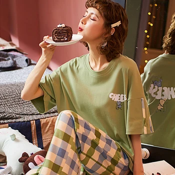 IULIE CÂNTEC de Colorat pentru Femei Seturi de Pijamale de Vară 2020 Maneci Scurte Drăguț Homewear Desene animate Imprimate Bumbac, Pijamale Femei Pijamale