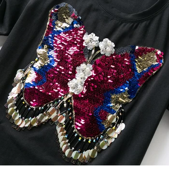 IZEVUS Nou Frumos Sequin Fluture Tricou Femei de Vara cu Maneci Scurte T-Shirt minunat Topuri Tricou Femme