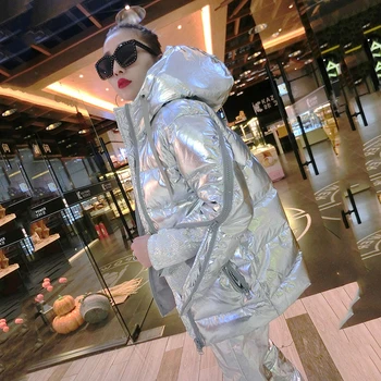 Jacheta de iarna pentru femei cu Gluga Plus Dimensiune Metal Argint pufoaice Cald Sacou Căptușit Haine de sex Feminin cu fermoar Îmbrăcăminte Pălărie, Haină MY133