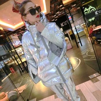 Jacheta de iarna pentru femei cu Gluga Plus Dimensiune Metal Argint pufoaice Cald Sacou Căptușit Haine de sex Feminin cu fermoar Îmbrăcăminte Pălărie, Haină MY133