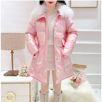 Jacheta De Iarna Pentru Femei Strălucitor Strat De Bumbac Imitat Guler De Lână Colorate Pâine Caldă Jacheta De Sex Feminin Coreeană Liber Jachete Parka Coat