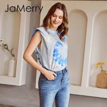 JaMerry Casual echipajul gât scurt femei rezervor topuri fără Mâneci tie-dye vortex de sex feminin camis moda Streetwear doamnelor tricotate bluze