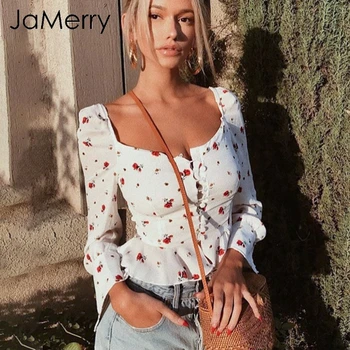 JaMerry Elegant alb bluza femei tricouri 2019 Vintage flower bluza print topuri Casual de vara volane topuri scurte blusas de sex feminin