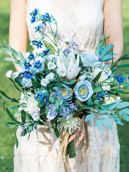 JaneVini De Epocă În Stil European Buchete De Mireasa Fals Bujor Flori Artificiale De Mătase Albastru Trandafiri Buchet De Mirese Accesorii De Nunta