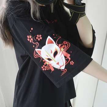 Japonez Harajuku Tricou Femei Vintage Anime Kawaii Fata Cat Negru Topuri Lolita Gotic Animal Print Supradimensionat Drăguț Tricouri