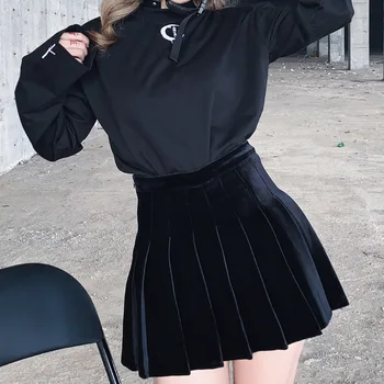 Japoneze Catifea Fusta Femei Gotice Punk Talie Inalta Fusta Plisata Jk Harajuku Moda Streetwear Fuste Negre De Sex Feminin