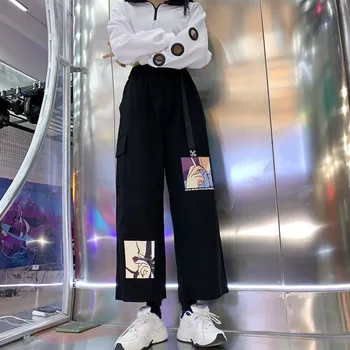 Japoneze Largi Picior Pantaloni de Marfă Harajuku Desene animate Imprimate Glezna Pantaloni 2020 Toamna Stretch Pantaloni Talie cu Centura 55135