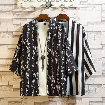 Japoneze Streetwear Maneca 3/4 Barbati Camasi Casual Plus Dimensiune Bărbați Kimono Tricou Greutate De Lumină De Vară Cardigan Cu Dungi Cămașă Birou