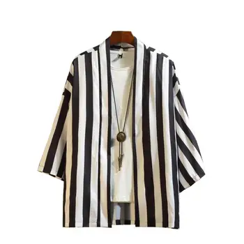 Japoneze Streetwear Maneca 3/4 Barbati Camasi Casual Plus Dimensiune Bărbați Kimono Tricou Greutate De Lumină De Vară Cardigan Cu Dungi Cămașă Birou