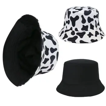 Japoneze Unisex Vara Pălărie Găleată Negru Alb De Lapte De Vacă Imprima Personalitate În Aer Liber Protecție Solară Reversibile Pescar Capac