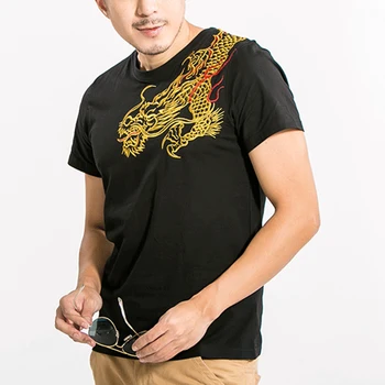 Japonia Bărbați Stil Dragon Broderie De Bumbac T-Shirt, O-Neck 2020 Vara Pentru Barbati Cu Maneci Scurte Tee Shirt Negru / Alb