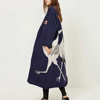 Japonia Stil Femei Tricot Kimono Iarna Cardigan Haină Lungă Supradimensionate Păsări Cardigan Femei 2019 Casual Chic Cardigan Pulovere Calde