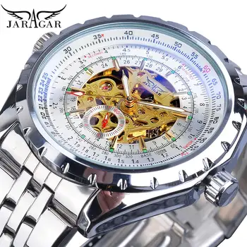 Jaragar Classic Automatic Mens Watch Relojes Hombre De Argint Schelet Din Otel Curea Sport De Afaceri Mecanice Ceas Ceasuri Relogio