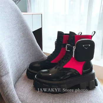 JAWAKYE Roz Cizme Cavaler pentru Femei cu Talpă Platformă buzunar cu Fermoar Lung Cizme Negre de Iarna cizme Motocicleta Pantofi de Femeie