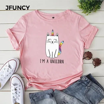 JFUNCY Bumbac pentru Femei de Vara Tricou Plus Dimensiune Drăguț Unicorn Imprimare Tricouri Topuri cu Maneci Scurte Femeie T-shirt Femei Tricou Vrac