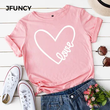 JFUNCY de Vara din Bumbac pentru Femei T Shirt Plus Dimensiune Inima Dragoste Imprimare Tricouri Topuri cu Maneci Scurte Femeie T-shirt Casual Liber Feminin Tricou