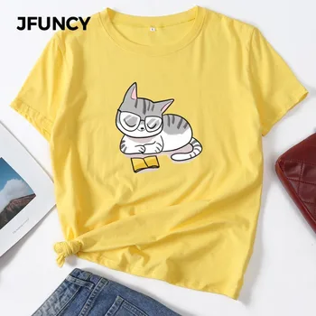JFUNCY Plus Dimensiunea Femei de Vară de Bumbac T-shirt Pisica Citit Cartea de Desene animate Imprimate Grafic Tricouri Casual cu Maneci Scurte Femeie T-shirt, Blaturi