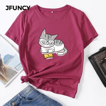 JFUNCY Plus Dimensiunea Femei de Vară de Bumbac T-shirt Pisica Citit Cartea de Desene animate Imprimate Grafic Tricouri Casual cu Maneci Scurte Femeie T-shirt, Blaturi