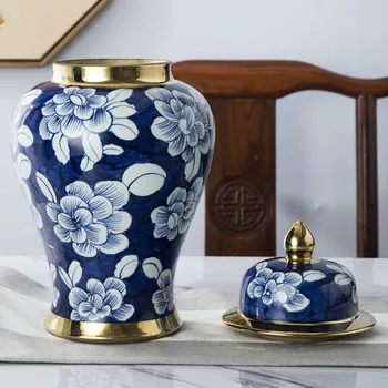 Jingdezhen ceramică borcan pur lucrate manual și pictate manual albastru și alb, aur generale rezervor de stocare rezervor de artizanat vaza decorativa