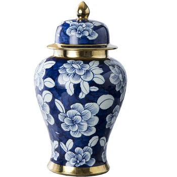 Jingdezhen ceramică borcan pur lucrate manual și pictate manual albastru și alb, aur generale rezervor de stocare rezervor de artizanat vaza decorativa