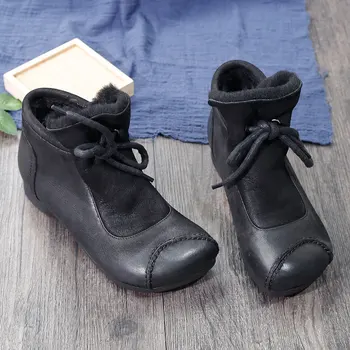 Johnature Cald Pantofi Femei Cizme Din Piele 2020 Iarna Noi Dantela-Up Rotund-Deget De La Picior Plat Cu Cusut De Agrement Glezna Cizme Cu Platforma