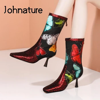 Johnature Din Piele Cizme De Vara Pentru Femei Pantofi 2021 Noi Plasă De Imprimare Subțire Tocuri Ascuțite Toe Manual Concis Zip Doamnelor Cizme
