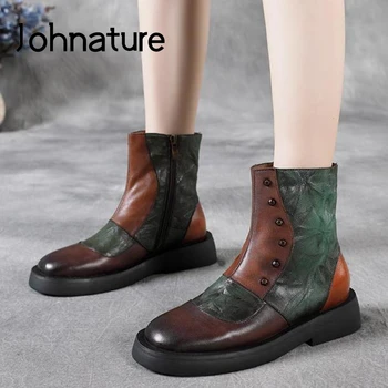 Johnature Glezna Cizme Cu Platforma Din Piele Femei Pantofi 2020 Nou Zip Culori Amestecate Rotund Deget De La Picior Plat Cu Clame Pentru Femei Cizme Pentru Femei