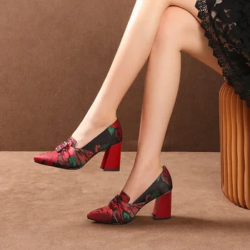 Johnature Tocuri Inalte Primăvara Anului 2020 Noile Pompe Femei Pantofi Deget A Subliniat Retro Casual Stil Național Manual De Imprimare Doamnelor Pantofi