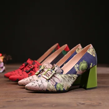 Johnature Tocuri Inalte Primăvara Anului 2020 Noile Pompe Femei Pantofi Deget A Subliniat Retro Casual Stil Național Manual De Imprimare Doamnelor Pantofi