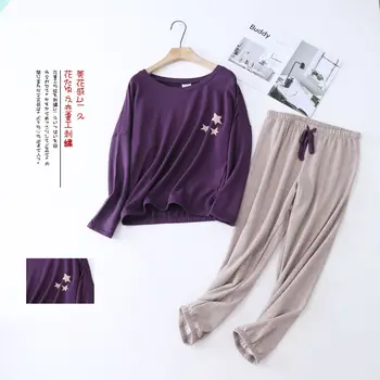 JRMISSLI Femei din Bumbac Moale, o Pijama Set 2 Piese Plus Dimensiune Sleepwear Simplu mâneci Lungi Femei Toamna Iarna Casual Homewear