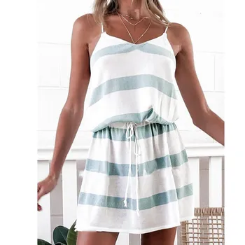 KANCOOLD rochie de Moda pentru Femei V-Neck Stripe Print Cordon Reglabil fără Mâneci Rochie Mini de Vara eșarfe rochie nouă femei 20522