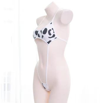 Kawaii Black White Cow Print Mini cu Spatele gol-O singură Bucată Bikini Salopeta Sex Erotic Costume Body pentru Femei Lenjerie Sexy Teddy