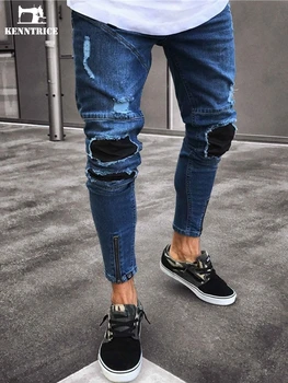 KENNTRICE de înaltă calitate stretch blugi skinny barbati streetwear albastru blugi în dificultate mozaic cutat demin pantaloni