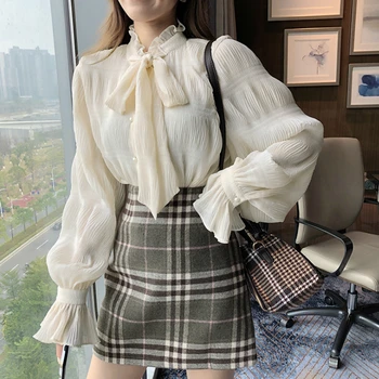 Kimotimo Elegant Arc Tricou 2020 Toamnă De Primăvară De Caise Cu Maneci Lungi Șifon Supradimensionat Topuri Blusas Tricouri Casual Îmbrăcăminte Coreeană