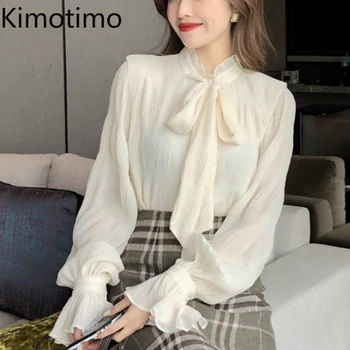 Kimotimo Elegant Arc Tricou 2020 Toamnă De Primăvară De Caise Cu Maneci Lungi Șifon Supradimensionat Topuri Blusas Tricouri Casual Îmbrăcăminte Coreeană