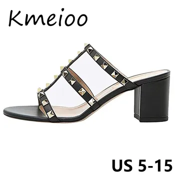 Kmeioo NE Dimensiune 5-15 Moda Doamnelor Pantofi de Nituri Împânzit Sandale Gladiator Alunecare Pe sandale Femei Pantofi Bloc Med Tocuri de 5CM